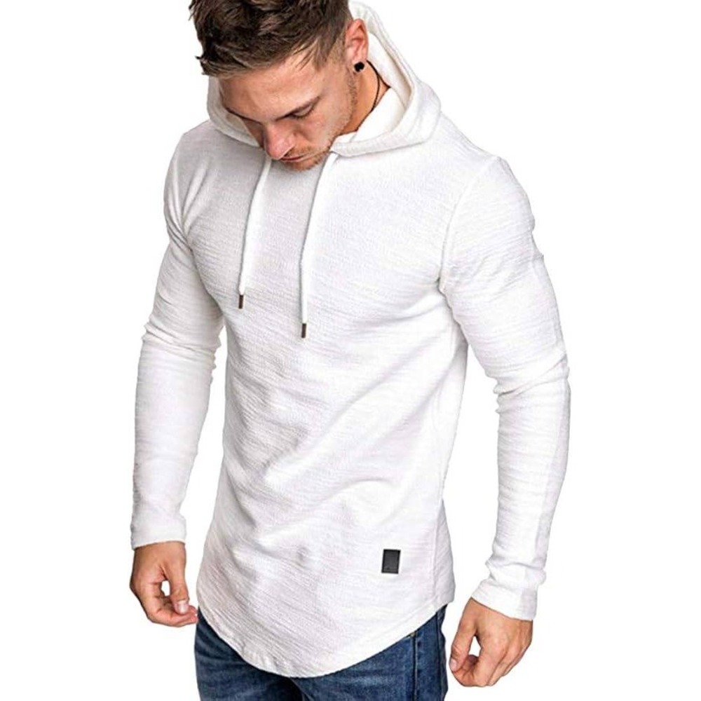 Mens Long Sleeve Textured Heathered Hooded Pullover White Size L
